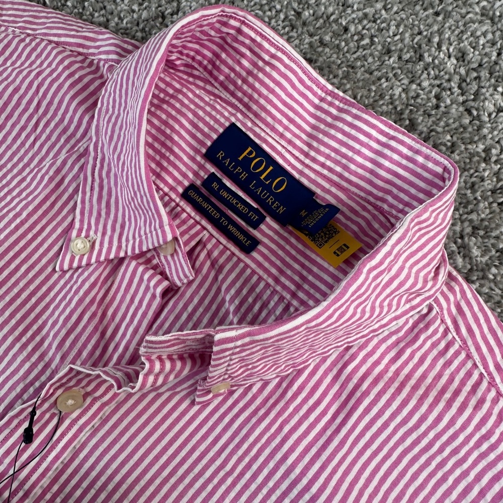 Polo Ralph Lauren Shirt Men Medium Pink Seersucker Stripe Untuck Fit Wrinkle NEW - Picture 1 of 10